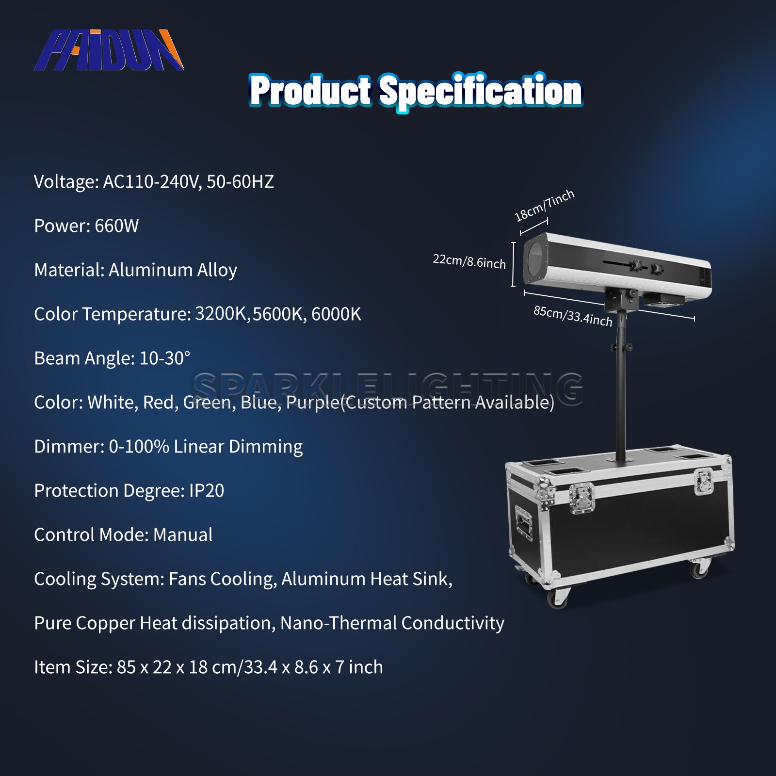 PAIDUN 660W LED RGBW Zoom Focus Follow Spot Light Flight Case Wedding Theater DJ