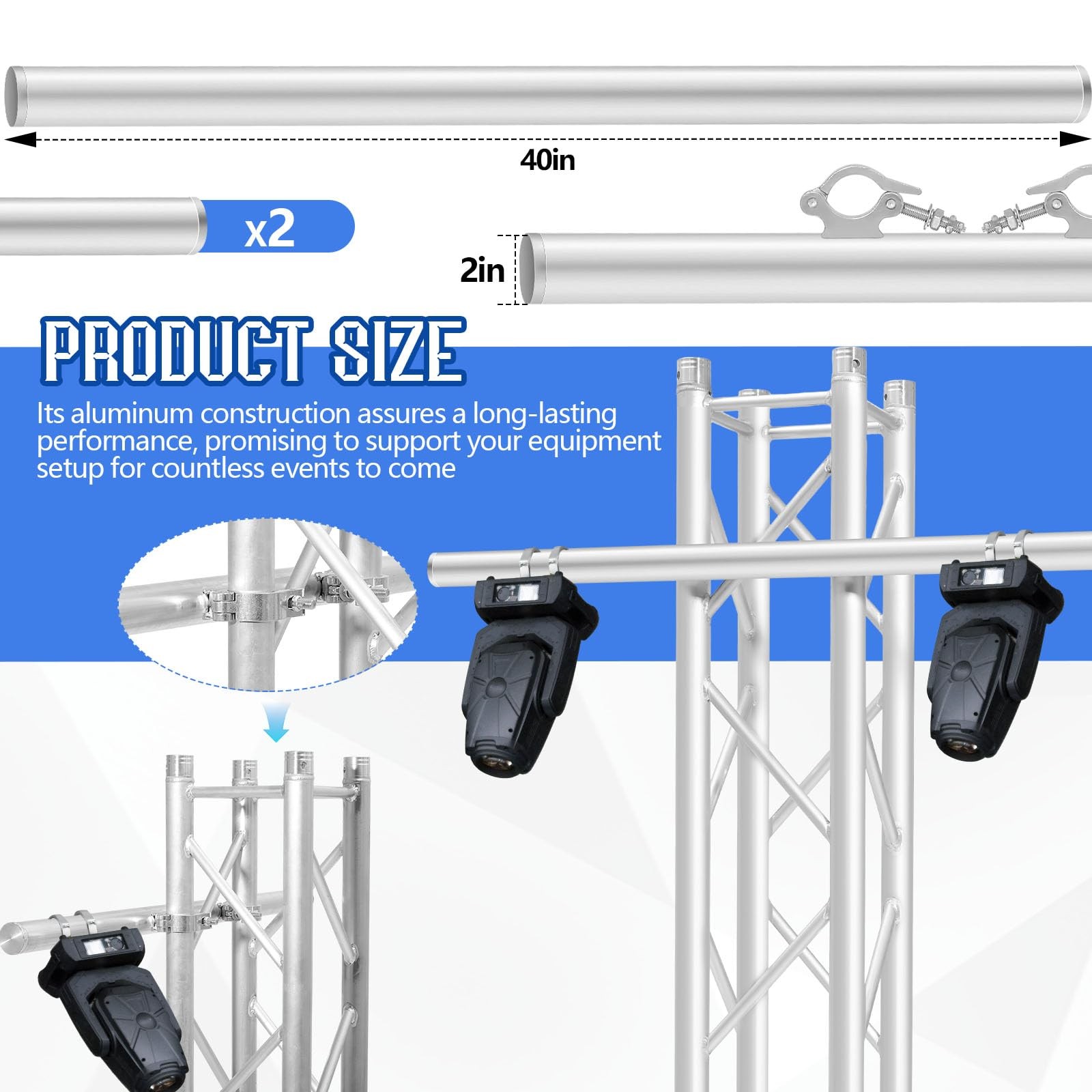 1 Pcs 40 Inch Aluminum Truss Mounting Pole Extension, Dual Clamp Crossbar for…