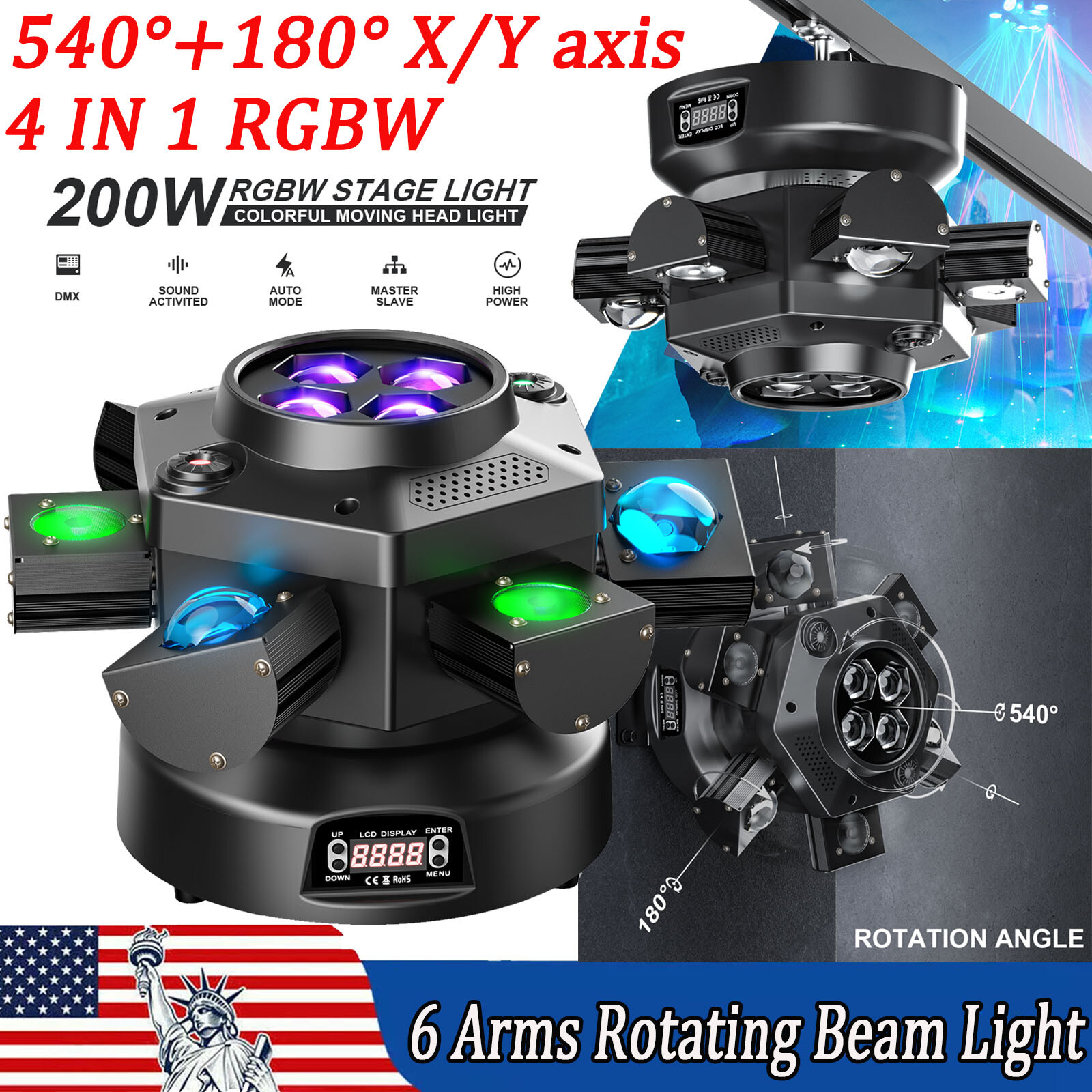6 Arms Bee Eyes RGBW LED Moving Head Light DMX Laser DJ Effect Stage Light Disco