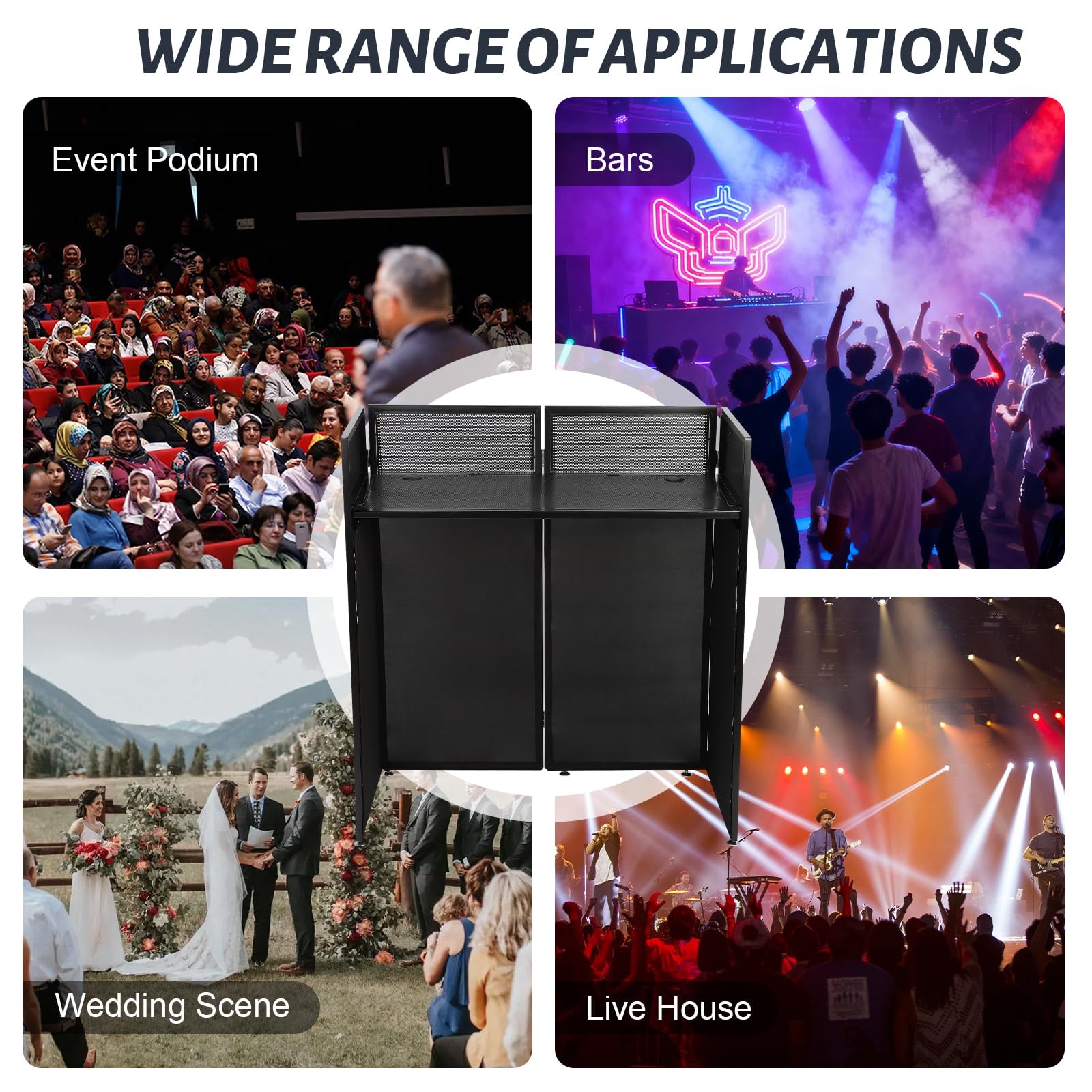 Portable DJ Booth Table Station 44×42.2×20.6, Foldable Metal Frame DJ Facade