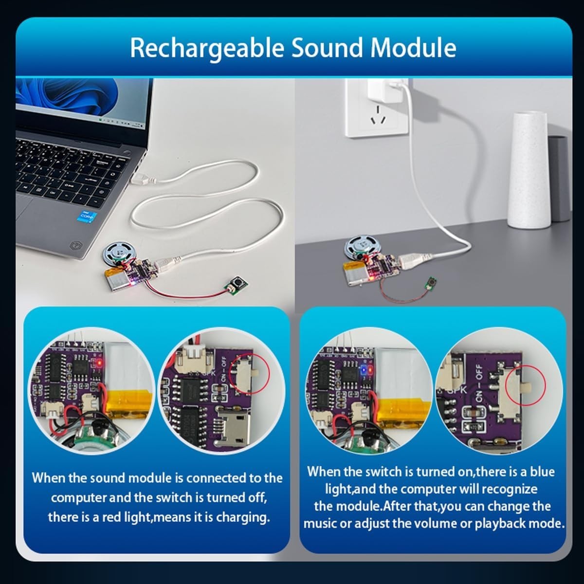 Lightweight MP3 Sound Module with Custom Recording & Rechargeable Battery