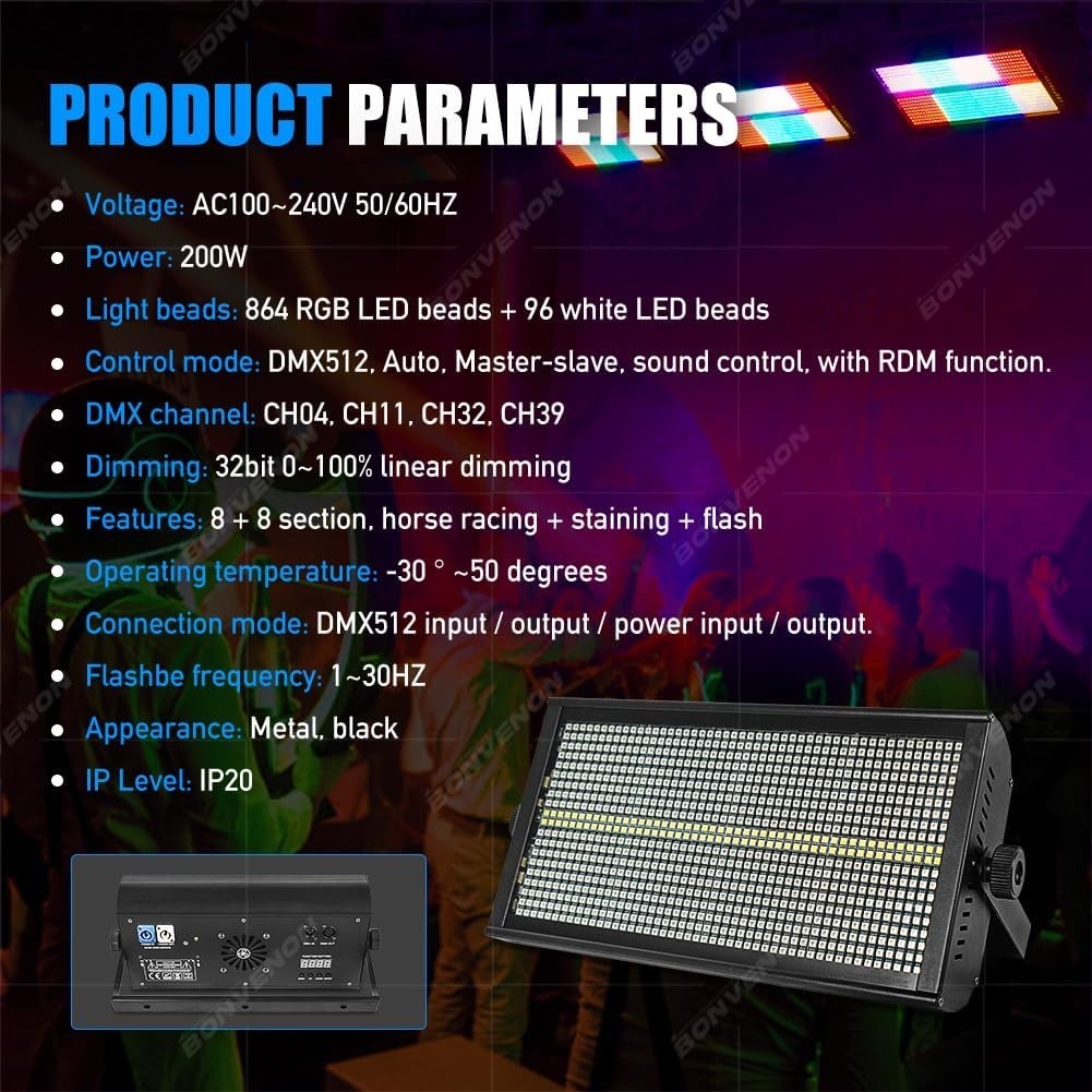 600W RGBW LED Stage Strobe Light – 960 LEDs with 16-Zone Chasing,Pixel Mapping &