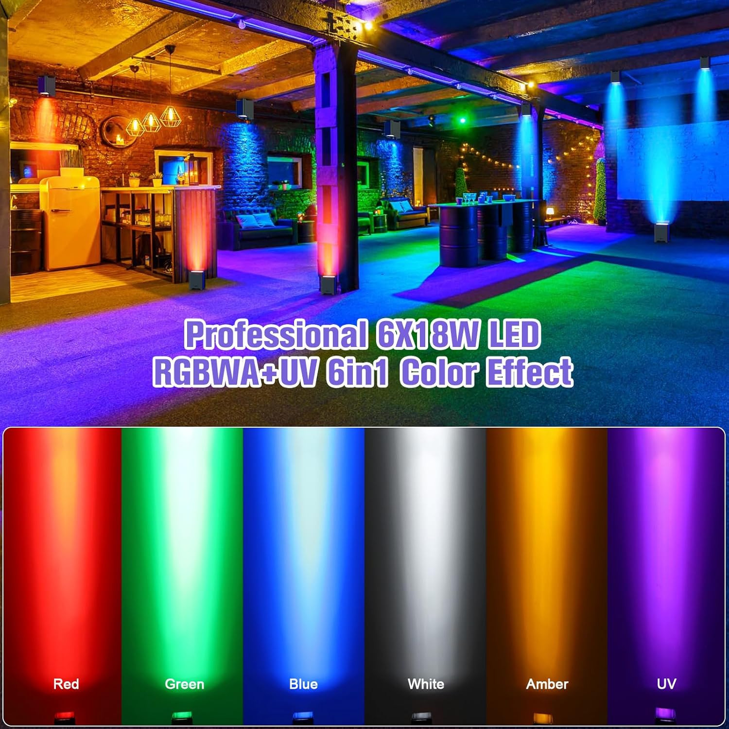 Rechargeable Battery Powered Stage Lights, Wireless Uplights for Events, 6-In-1