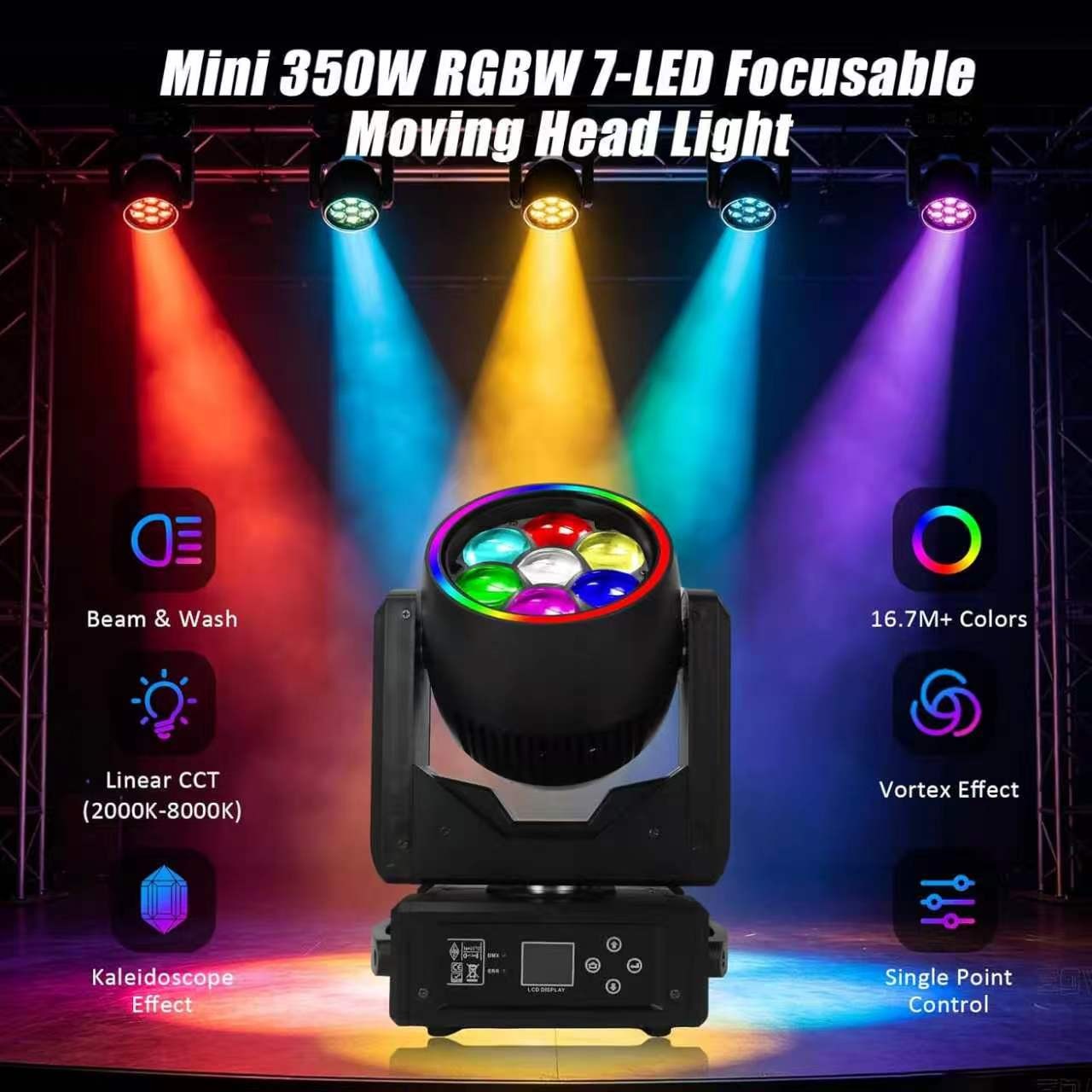 7X50W LED Moving Head Light RGBW Wash Beam Stage DJ Disco DMX Spot Light w/Zoom