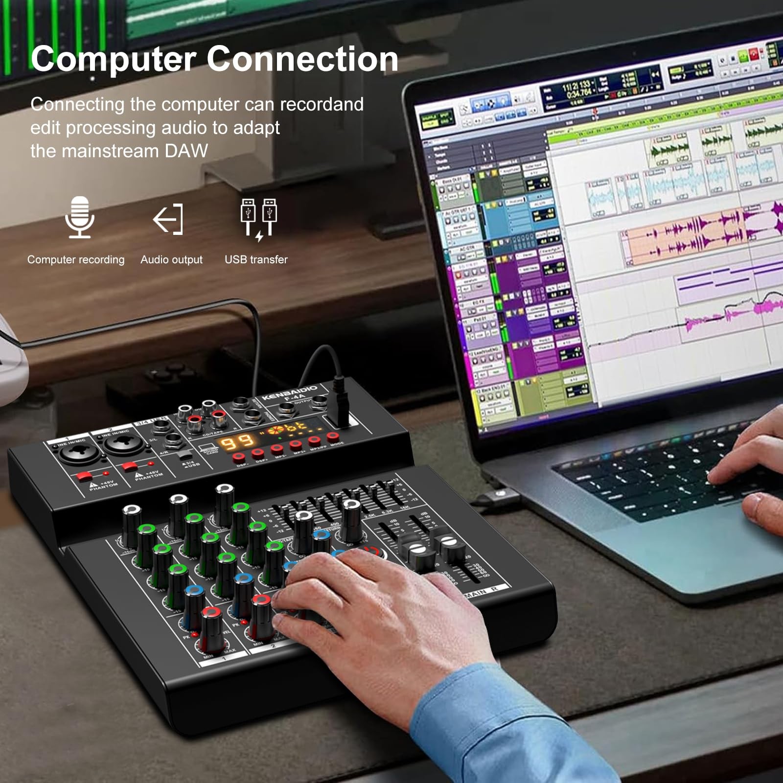 Audio Mixer, Professional DJ Mixer Sound Board 99 DSP Effect, 7-Band EQ, 4 Chann