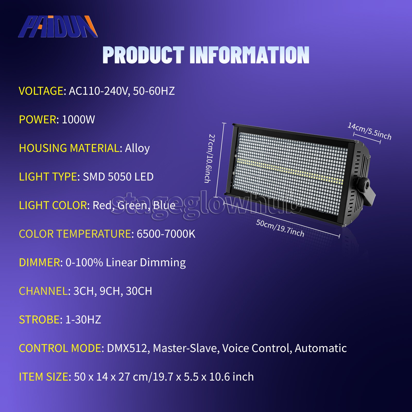 PAIDUN 1000W LED 8+8 Segment DMX Flash Strobe Wall Wash Light DJ Nightclub Disco