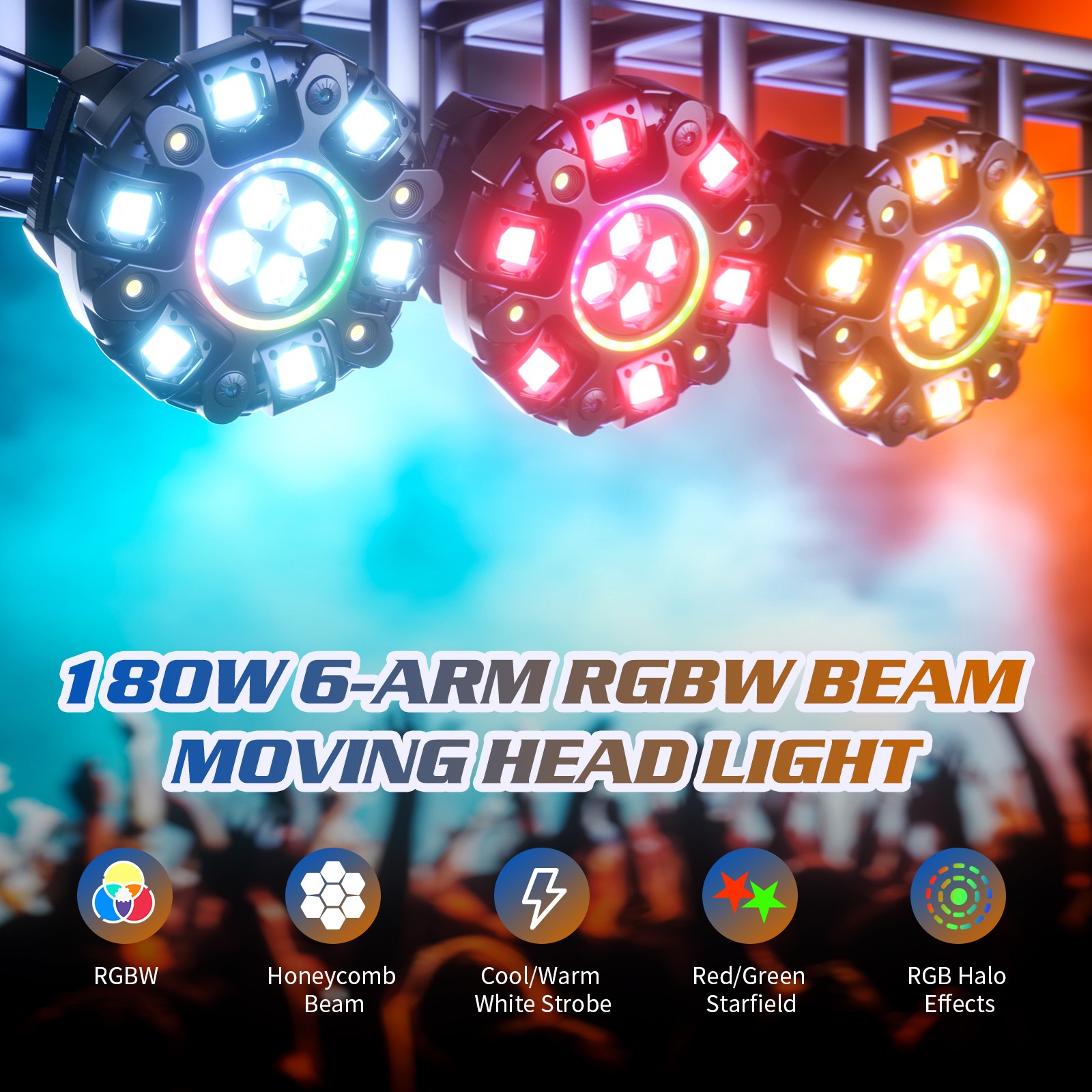 6-Arm LED Moving Head Light RGBW Laser Starfield Honeycomb Projection, DMX Sound