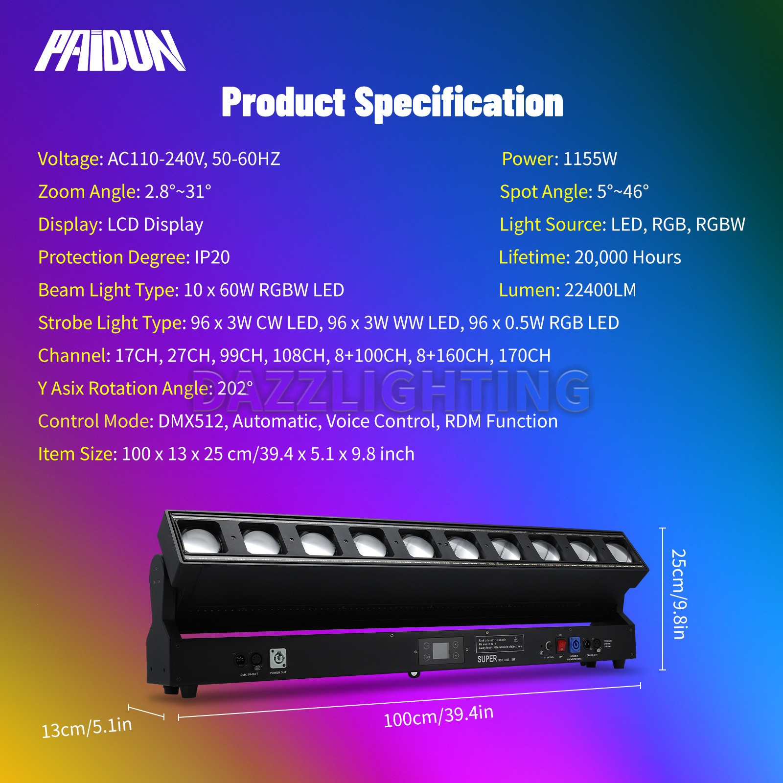 PAIDUN 1155W LED RGBW Moving Head Light Bar 10x60W Zoom Wash Effect DJ Disco Bar