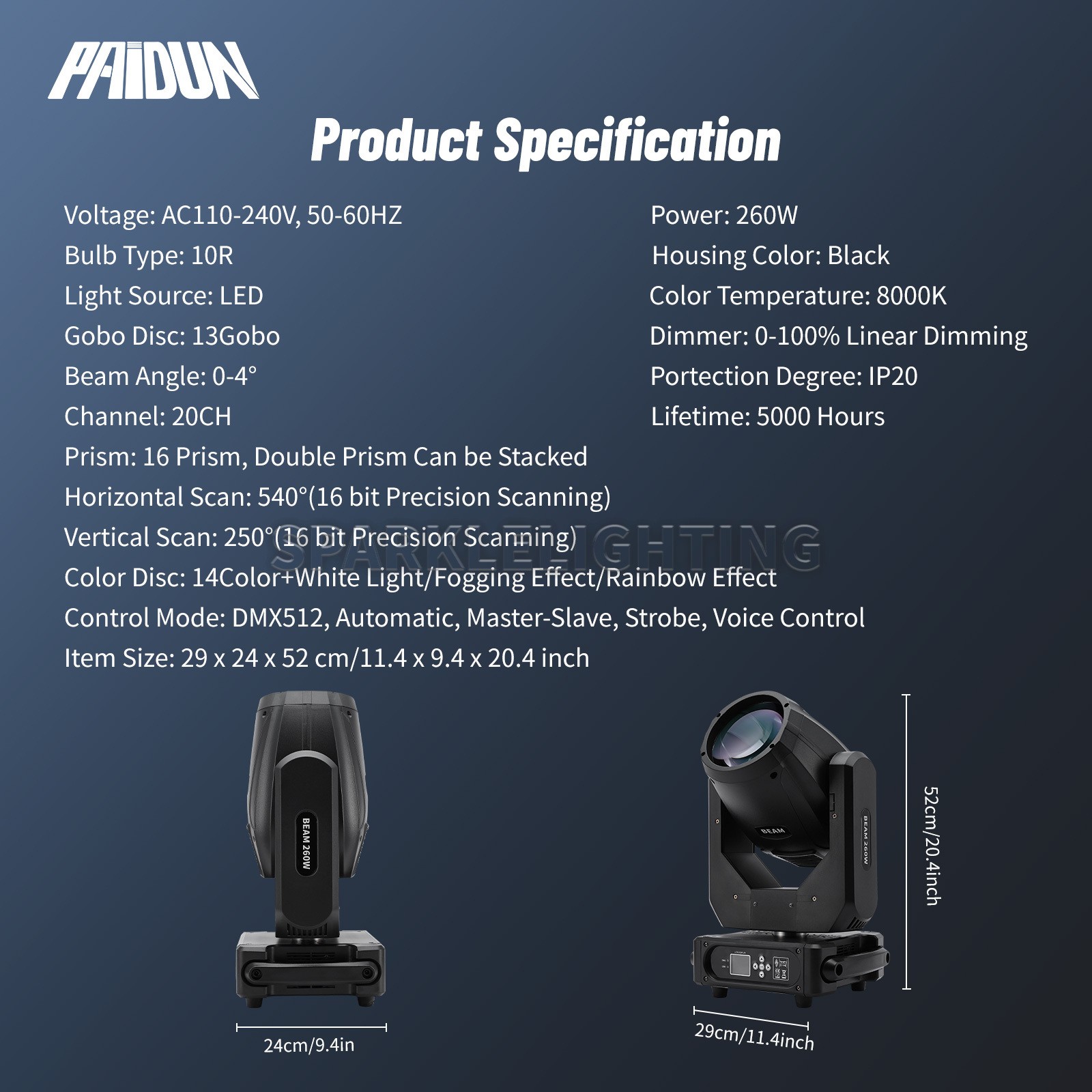PAIDUN LED RGBW Beam 260W Moving Head Spot Rainbow Gobo Light Wedding Show Event