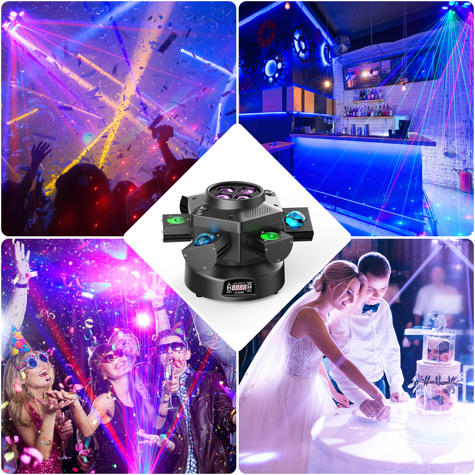 6 Arms Bee Eye Stage Moving Head Light DMX RGBW 200W LED DJ Disco Beam Lighting