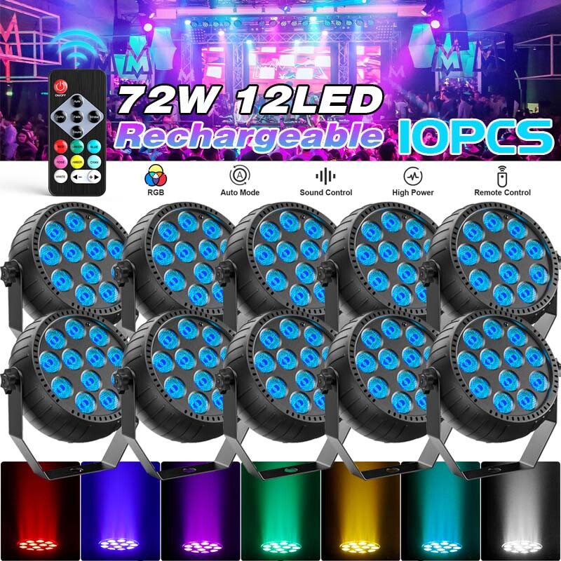 72W 12 LED Mini Rechargeable Par Light RGB 3in1 DJ Stage Lighting W/Remote US