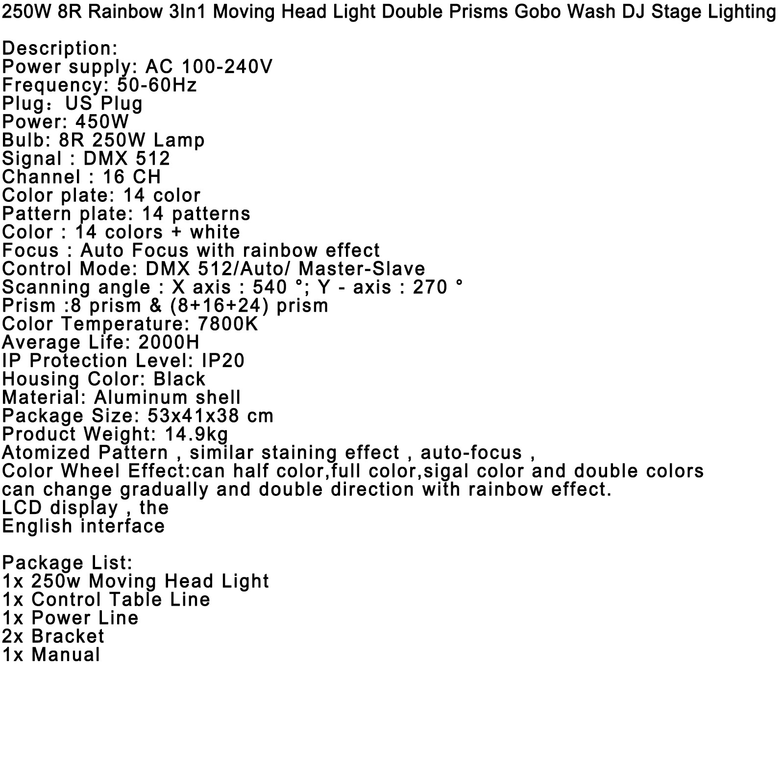 250W 8R Rainbow 3In1 Moving Head Light Double Prisms Gobo Wash Stage Lighting L3