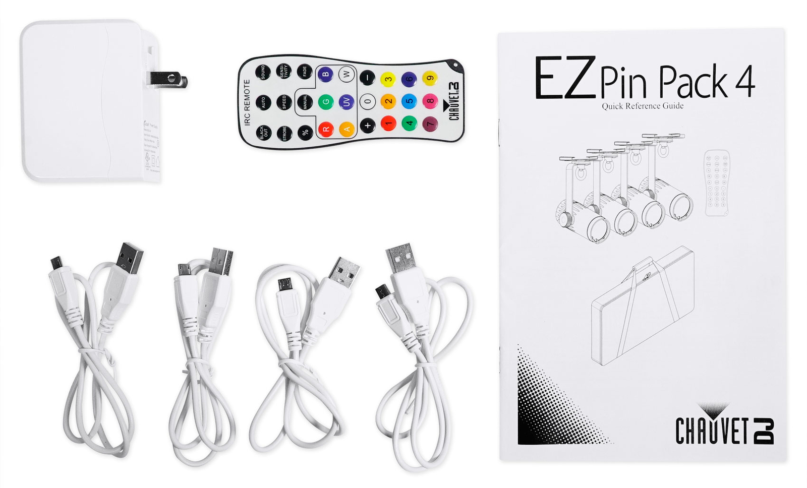 Chauvet DJ Ezpin Pack 4 EZpin Pin Spot Light Fixtures+IRC-6 Remote+Carry Case