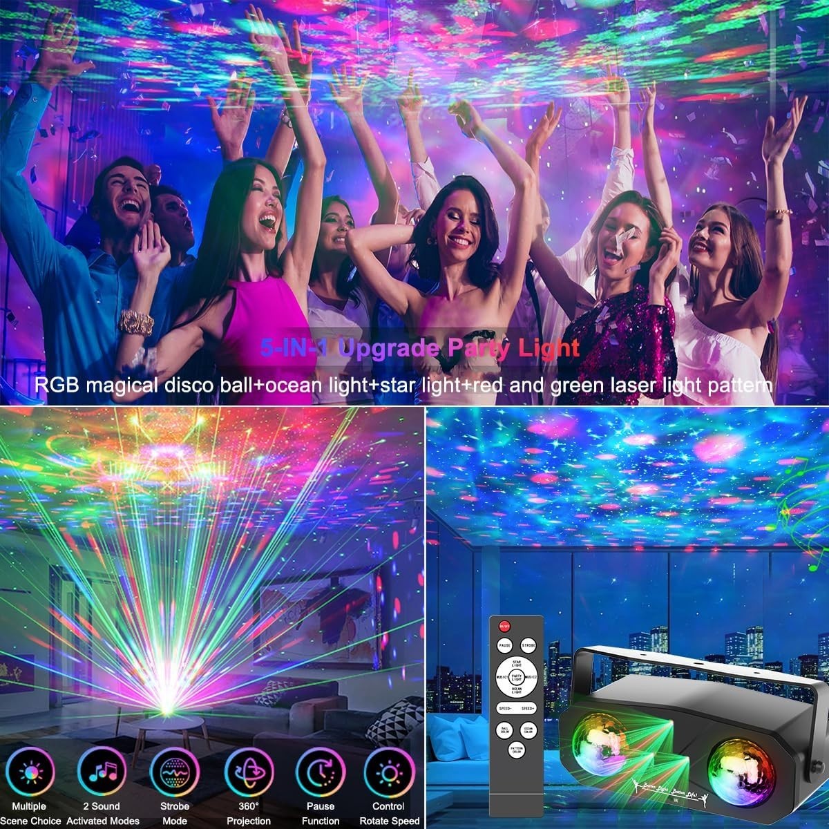 Disco Ball Light,Party Disco Strobe Ocean Star Projector Dj Dance Light Sound…