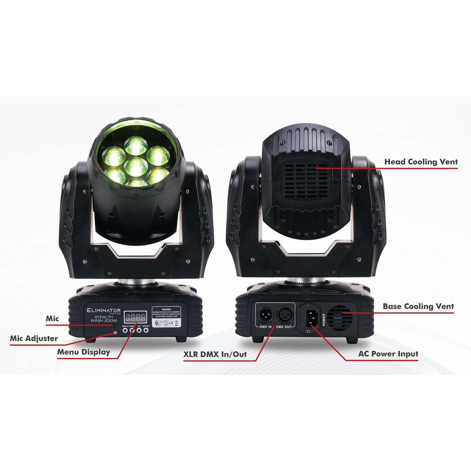 (2) Eliminator Stealth Wash Zoom 7 x 12Watt RGBW LED DMX Moving Head Lights ADJ