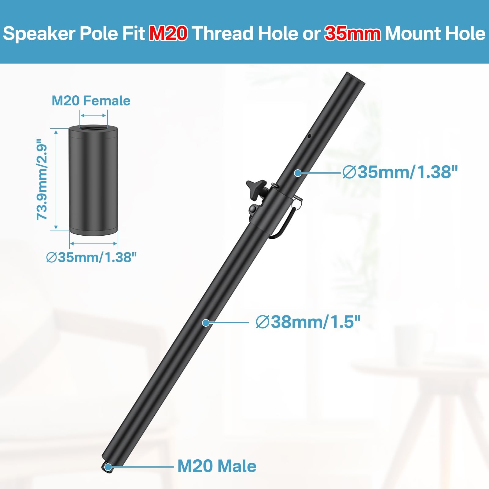Speaker Pole Fits M20 Thread and 35mm Subwoofer Pole Mount, 1 Pack