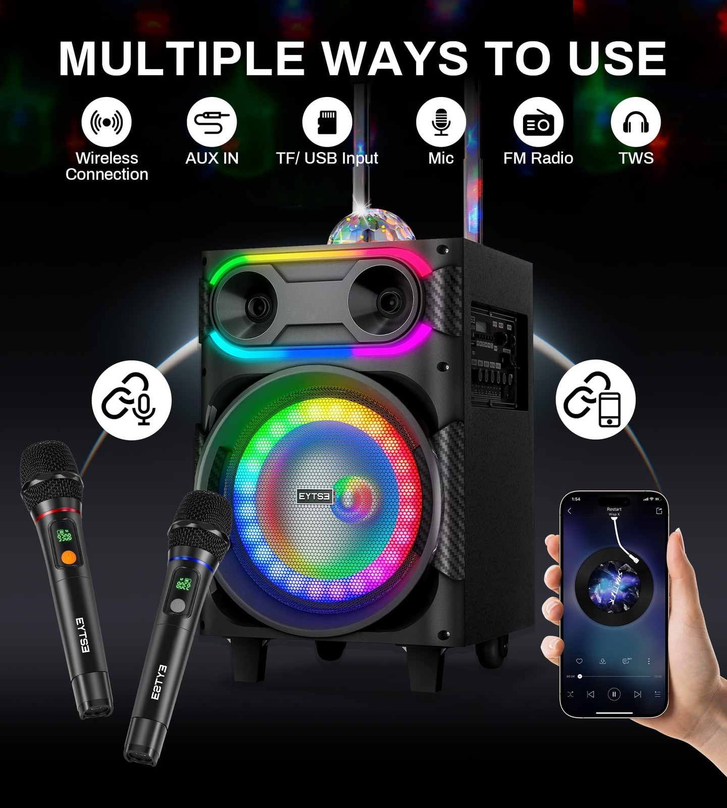 Karaoke Machine for Adults with 2 Wireless Microphones, BT PA System with Dis…