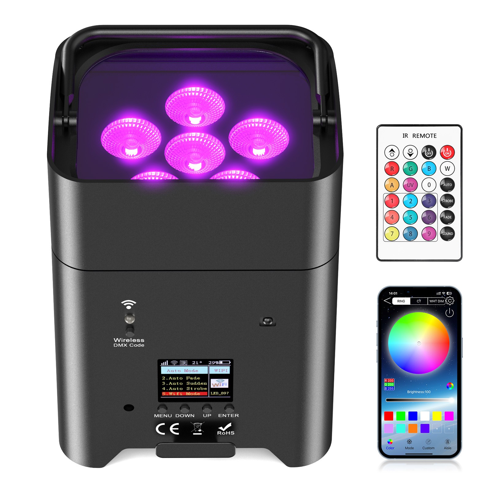 12PCS Rechargeable 6LED RGBWA UV Battery Par Stage Light DMX APP Party Wireless
