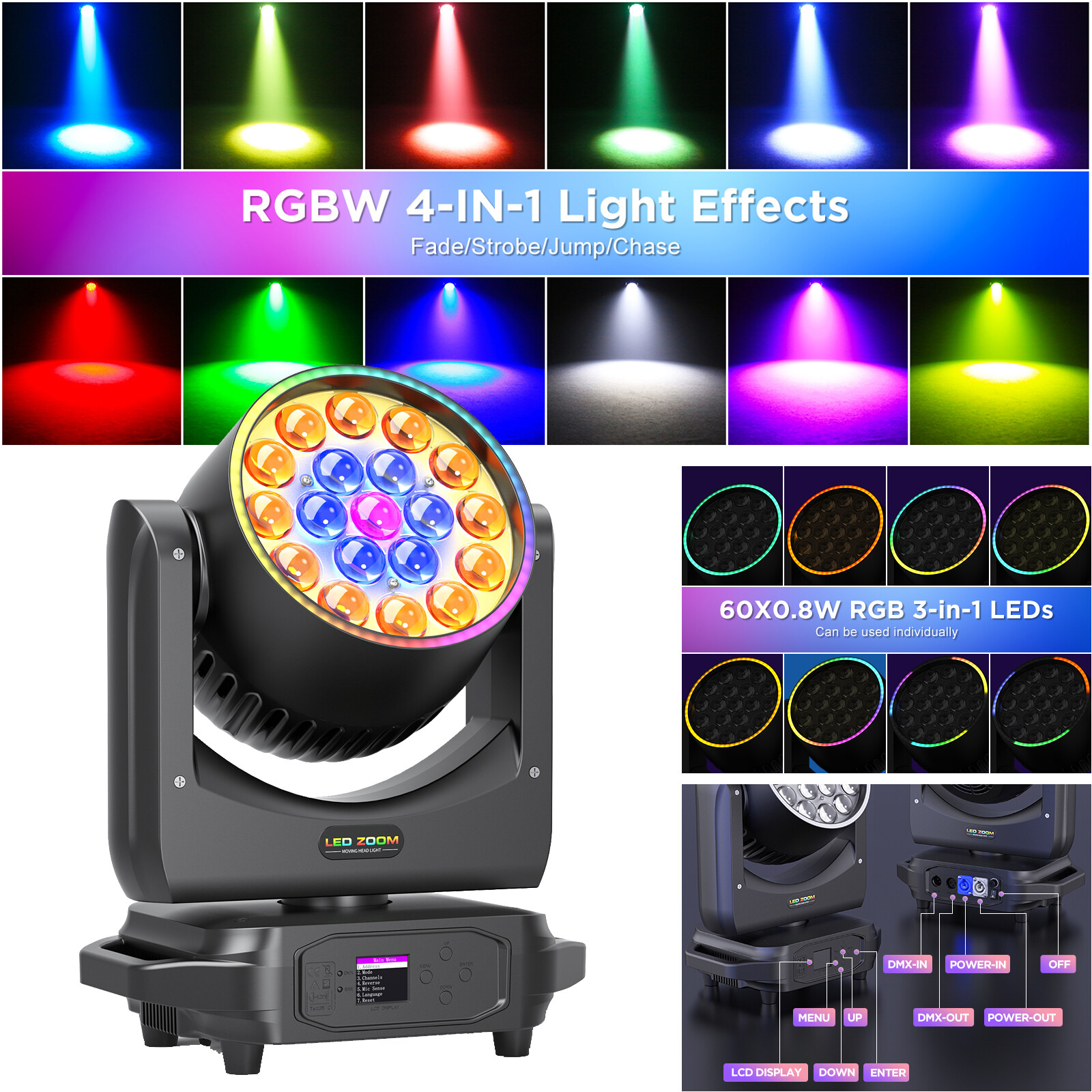 19x20W LED Moving Head Stage Light W/Strip Zoom RGBW Beam DMX DJ Party