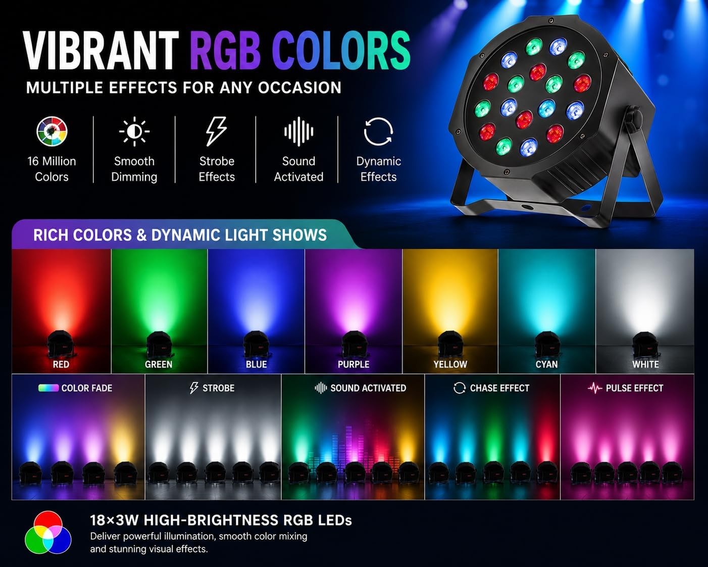 LED Stage Lights DMX 8pcs 18x3W RGB Par Can Lights DMX Control & Sound Activated