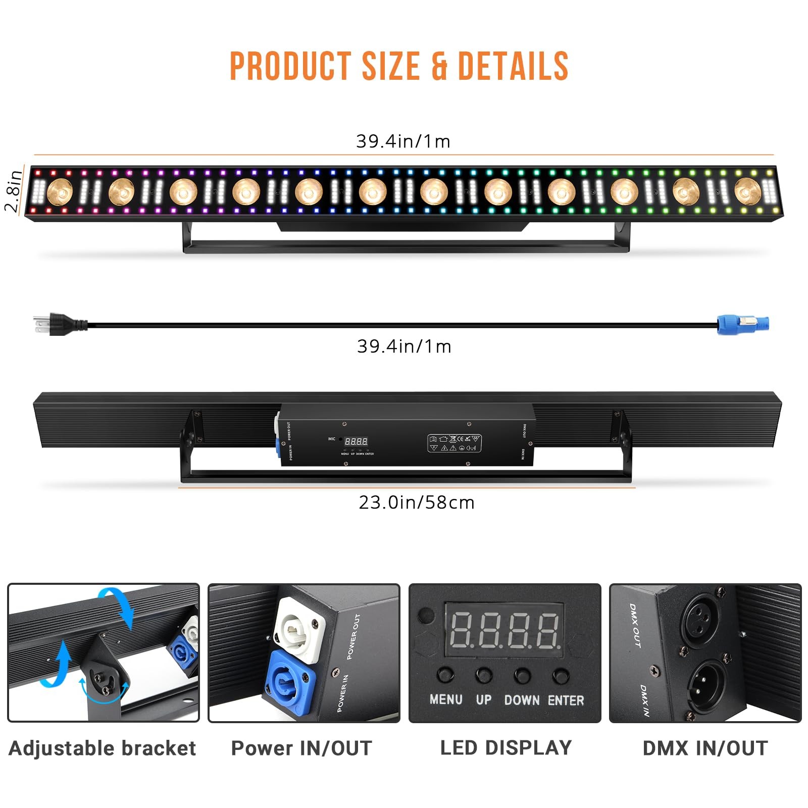 LED Stage Wash Light Bar – 40IN 100W DJ Light Bar 3IN1 RGB LED Strobe Beam Li…