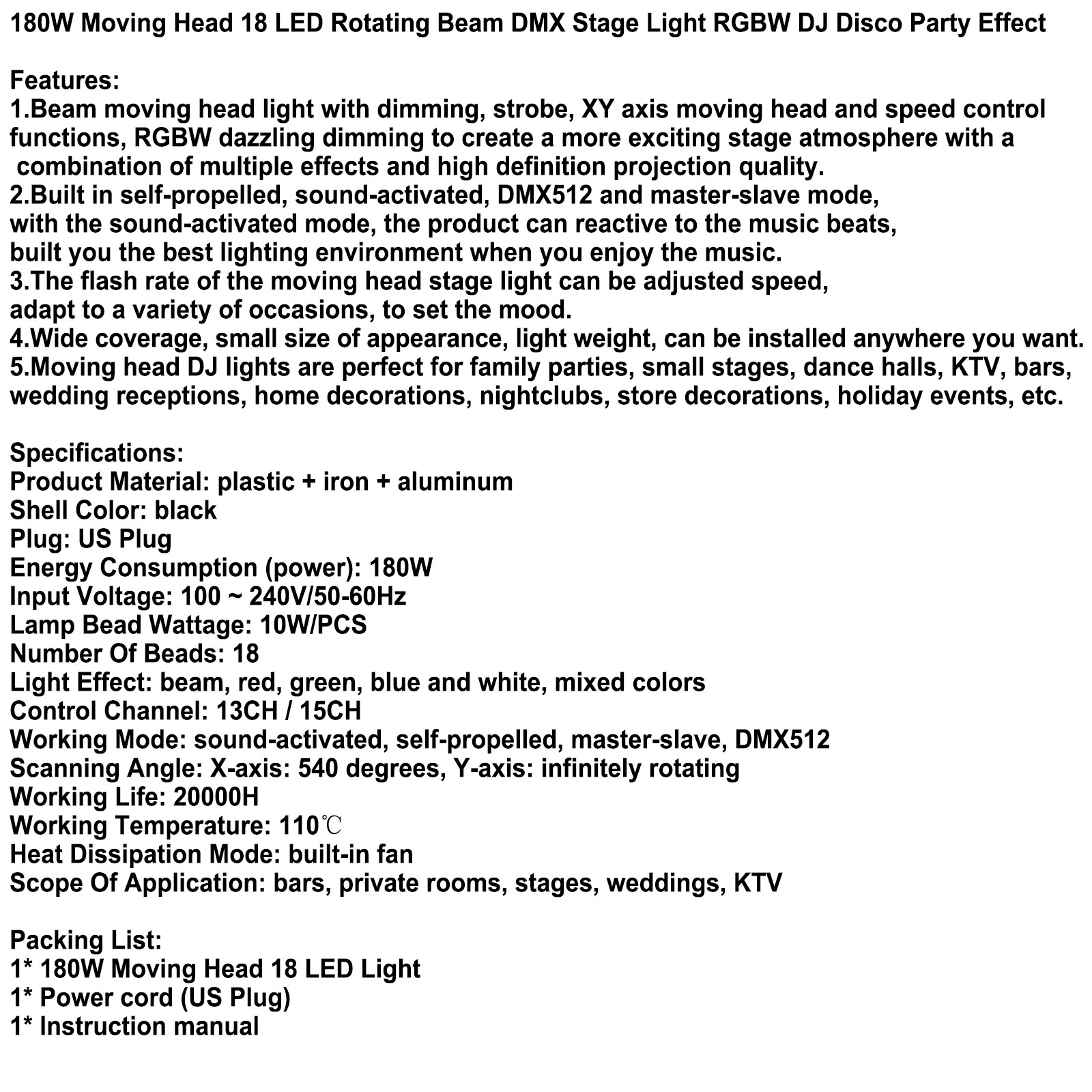 🎅180W Moving Head 18 LED Rotating Beam DMX Stage Light RGBW DJ Disco Party Club