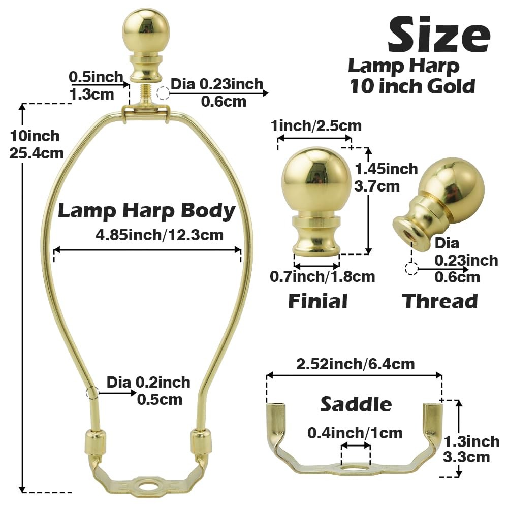 2 PCS Gold 10 Inch Lamp Shade Harp Holder Finial Detachable Bracket Adapter