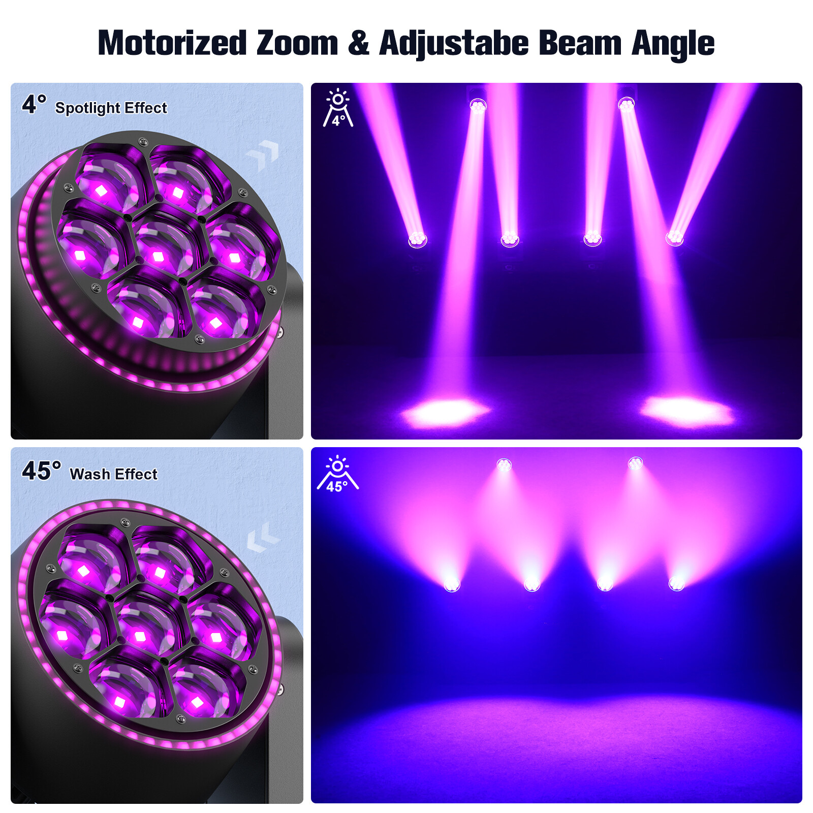 7x50W LED Zoom Moving Head Stage Light RGBW DMX Beam Wash Lighting DJ Disco Bar