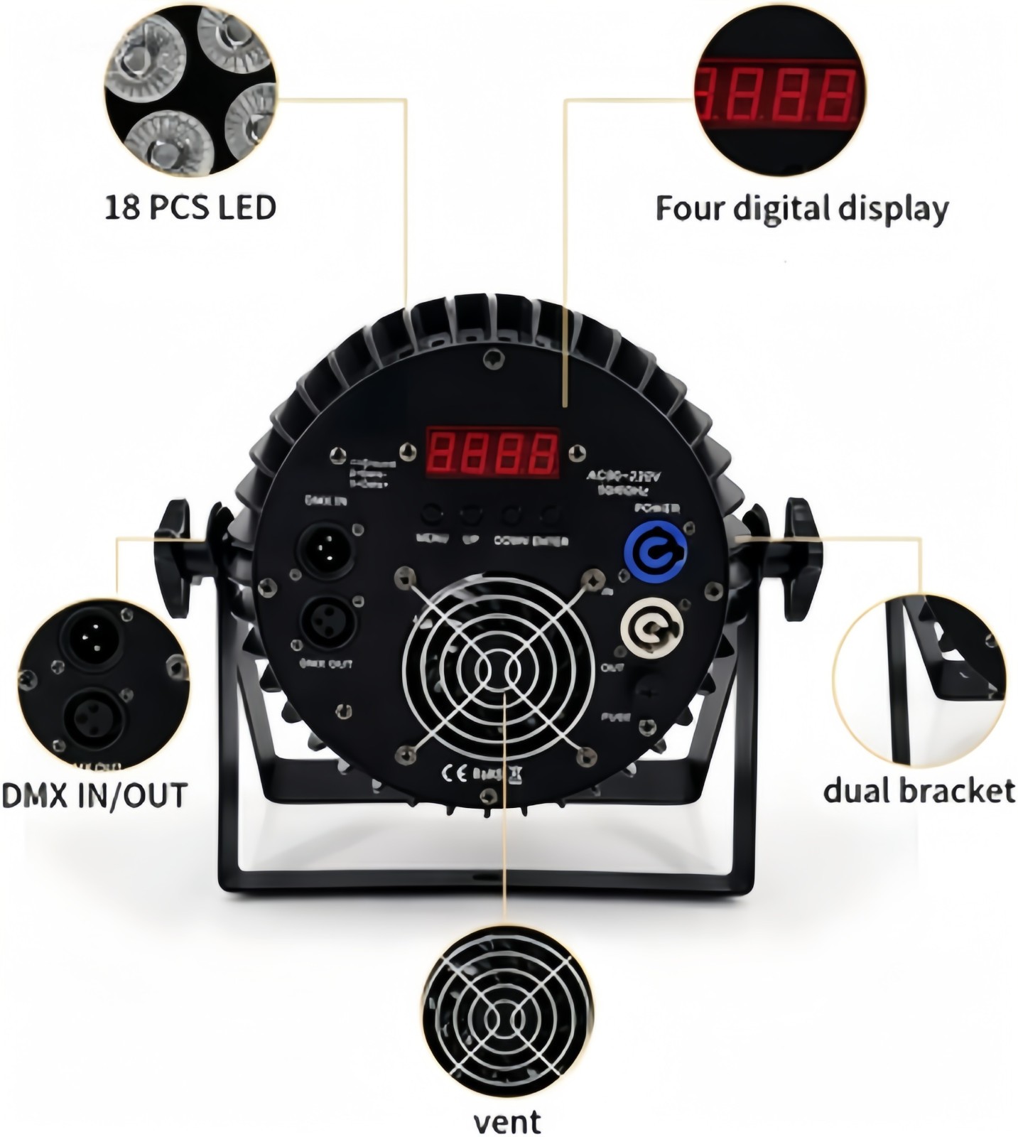 XPCLEOYZ 4Pcs 18 LED Flat Par Aluminum Alloy RGBWAUV Par Stage Lights DJ Disco