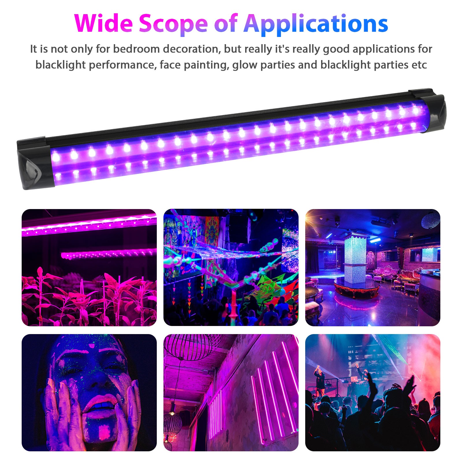 48 LEDs UV Light Bar Blacklight Fixtures Ultraviolet US Plug Strip DJ Party Club