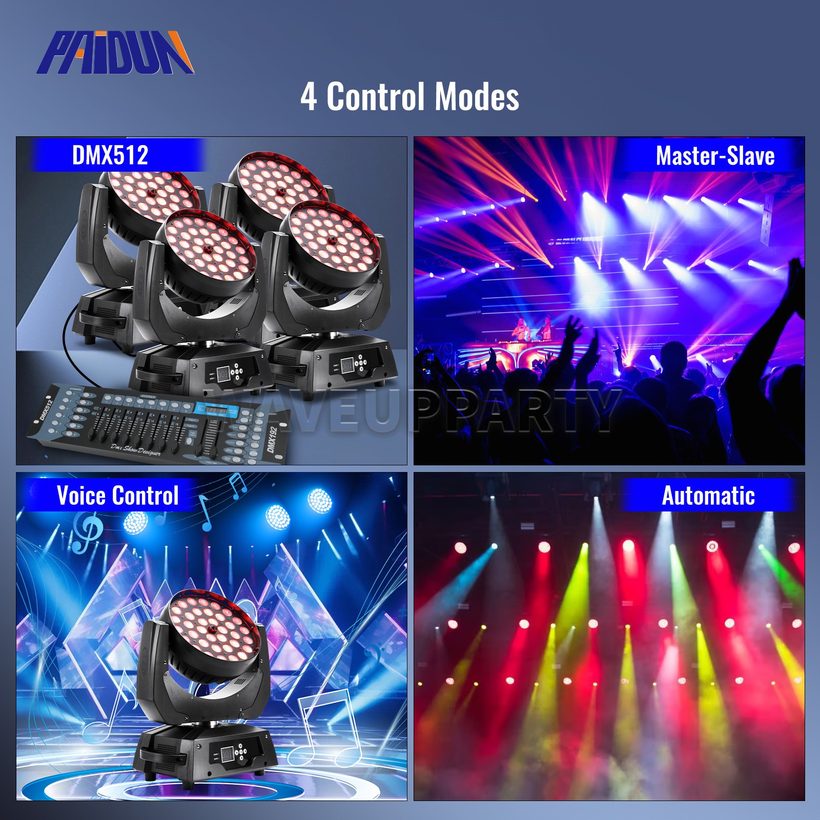 PAIDUN 36x10W RGBW LED Wash Beam Moving Head Stage Light DJ Club Disco Show Bar