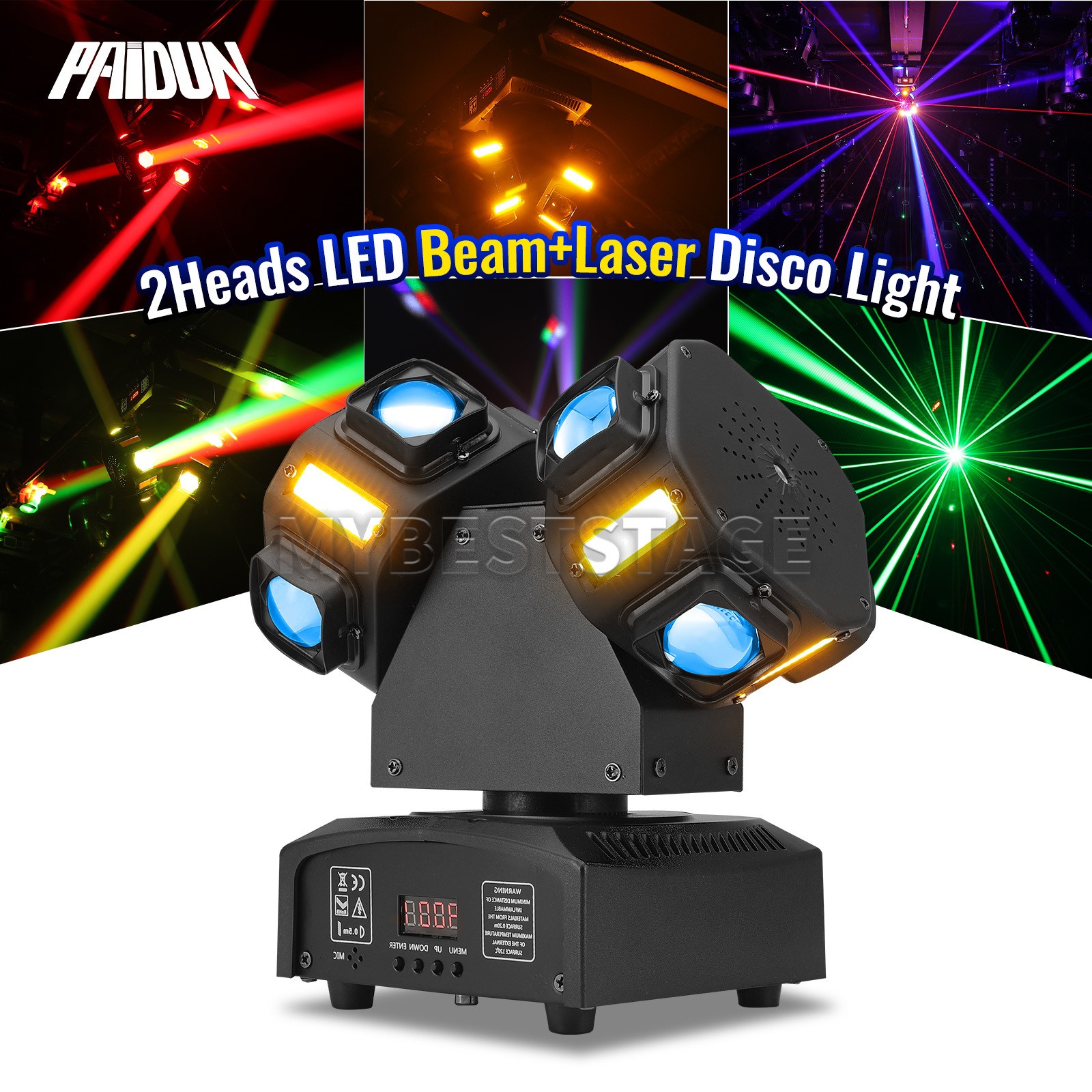 PAIDUN 120W LED RGBW 2 Arms Rotating Moving Head Laser Light Sound Activated DMX