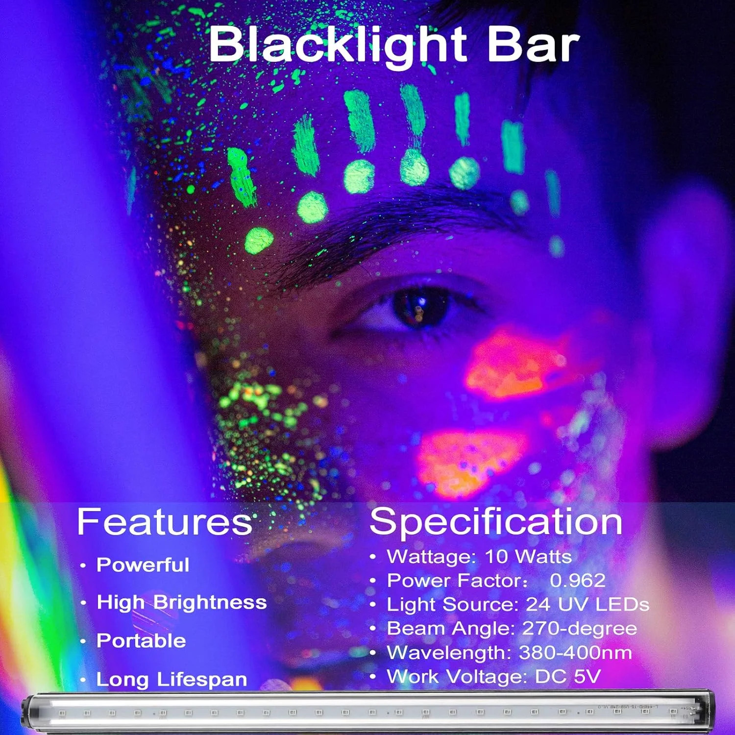 Black Light Bar, 10W 1Ft Black Light for Cabinet, USB UV Black Light Fixture