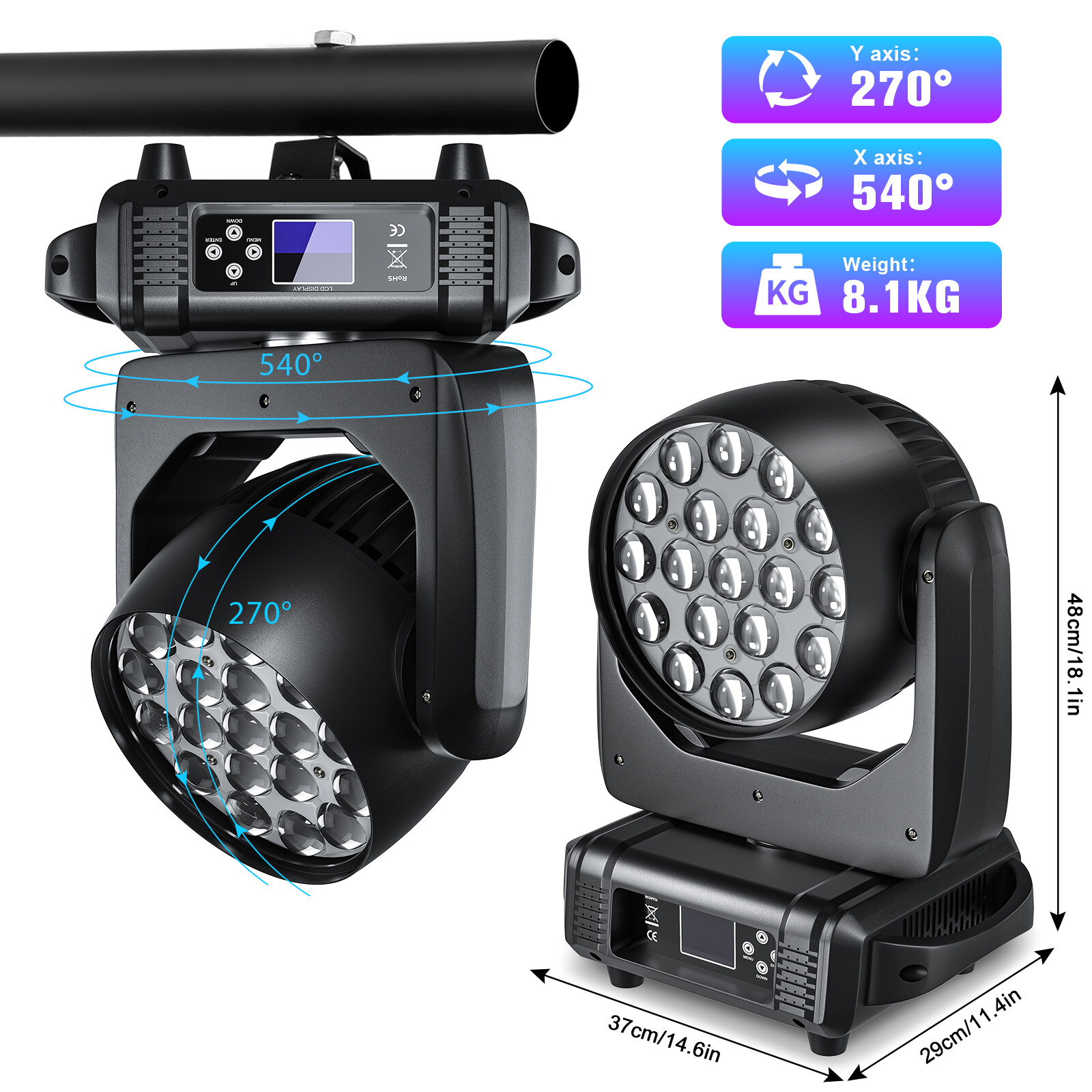 2PCS 19x15W LED Moving Head Light RGBW Zoom Beam Stage Wash Lighting DJ Party
