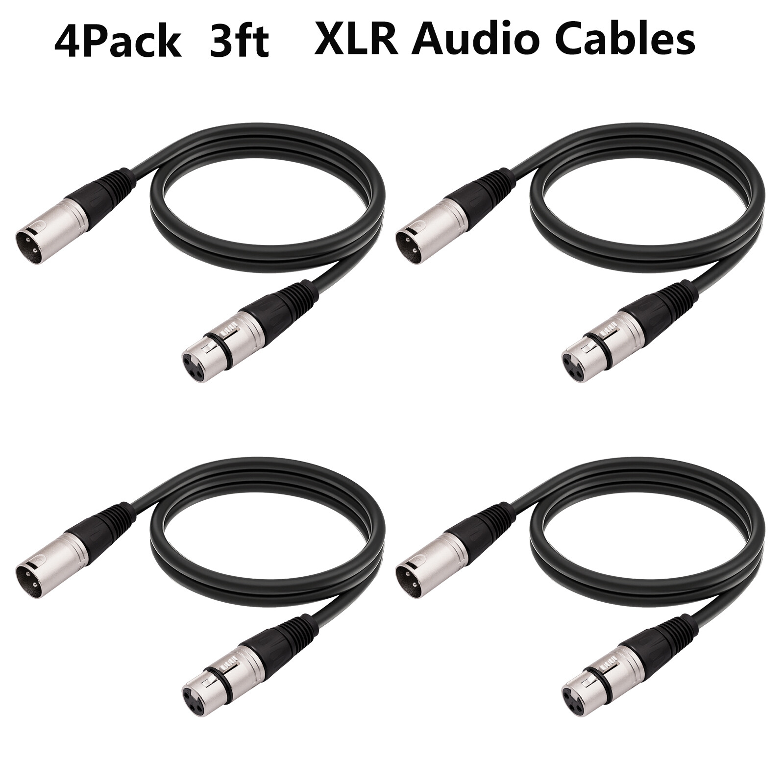 4Pack 3ft XLR Audio Cables 3Pin Male to Female Mixer MIC Microphone Cord Cable