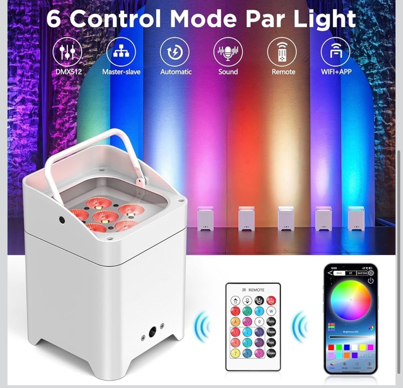 Battery Powered Stage Lights, 9600Mah Rechargeable Par Can Lights 6X18W RGBWA+UV