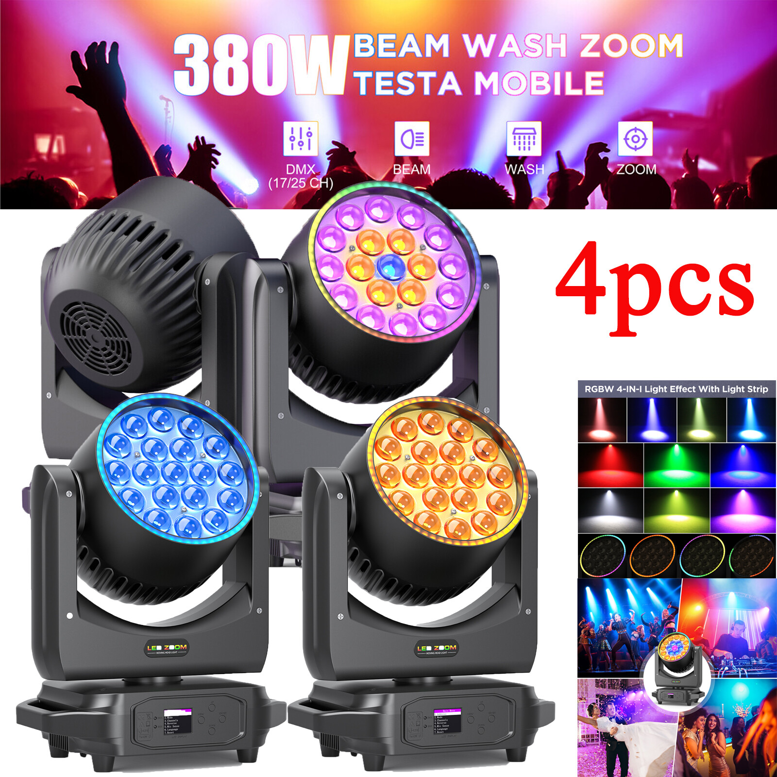 4PCS 19x20W Moving Head Stage Light LED Zoom Beam RGBW Wash Lighting Party