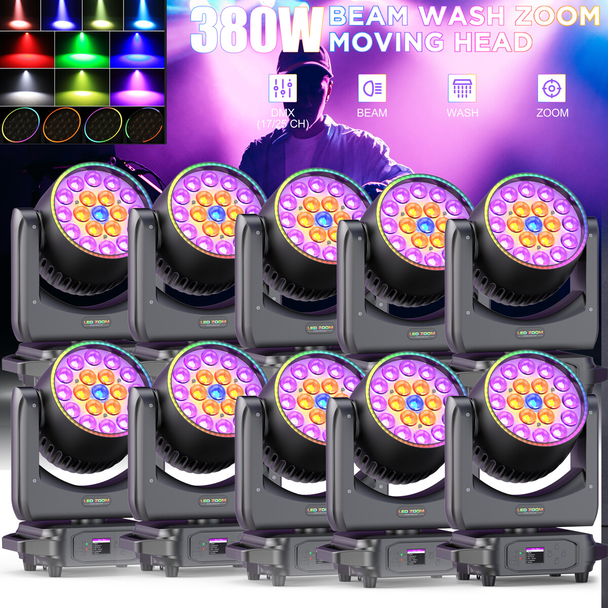 10pcs Zoom 19 LED RGBW Moving Head Stage Light DMX Beam Wash DJ Disco Lighting