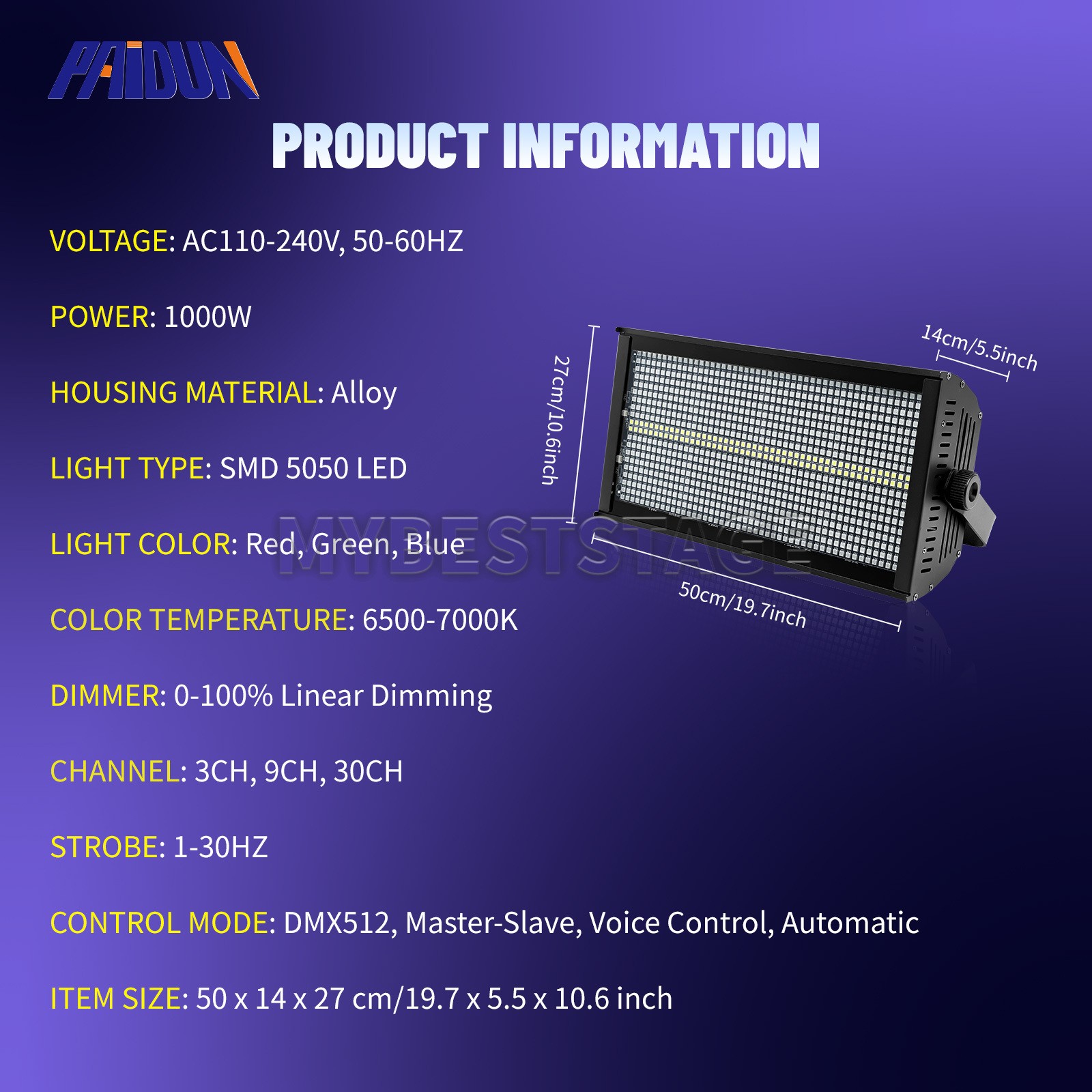 PAIDUN 1000W RGBW LED Wall Wash Strobe Light Panel Flash Stage Lighting DMX512