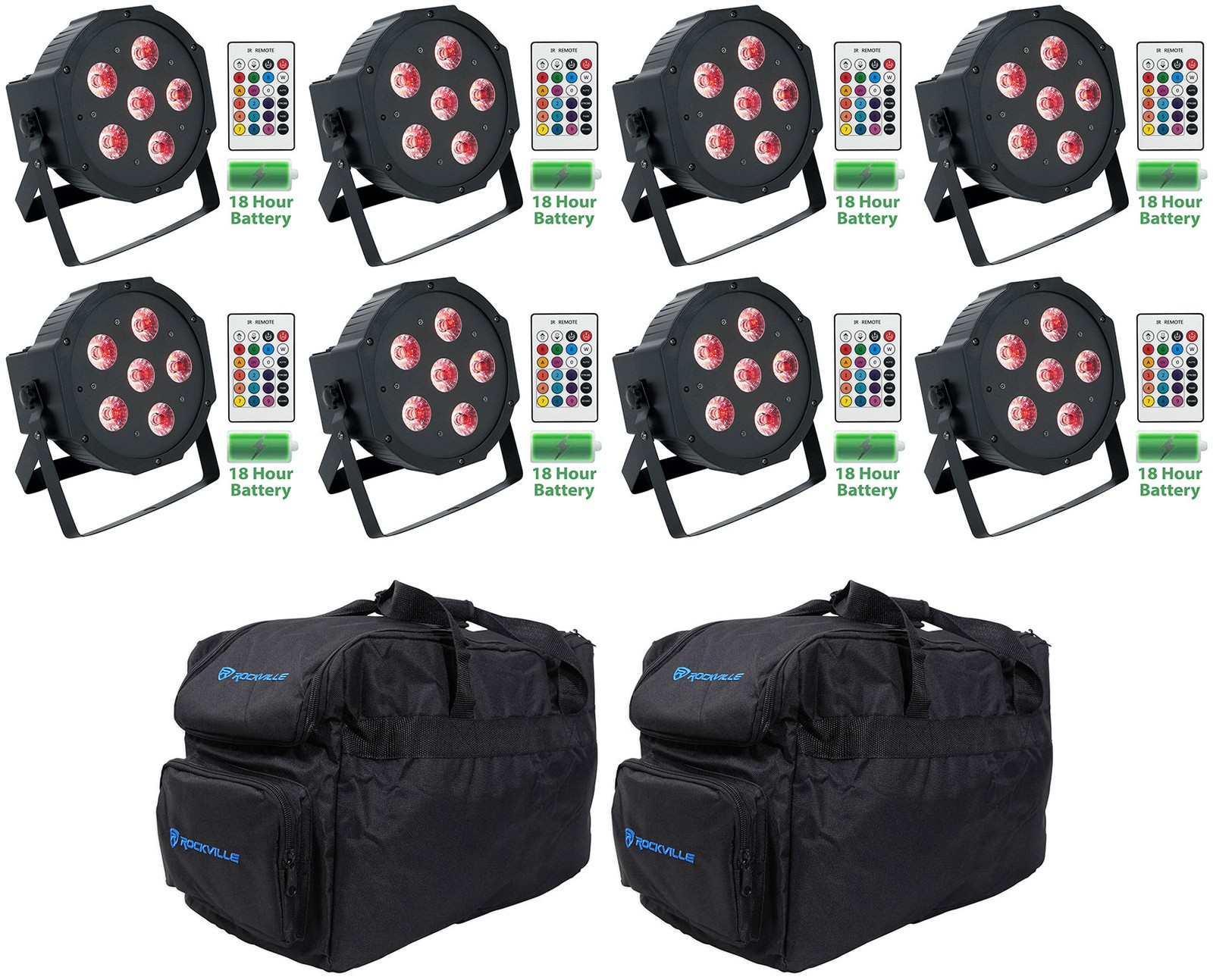 8 Rockville BATTERY PAR 61 Rechargeable RGBWA+UV DMX DJ Wash Lights+Remotes+Bags