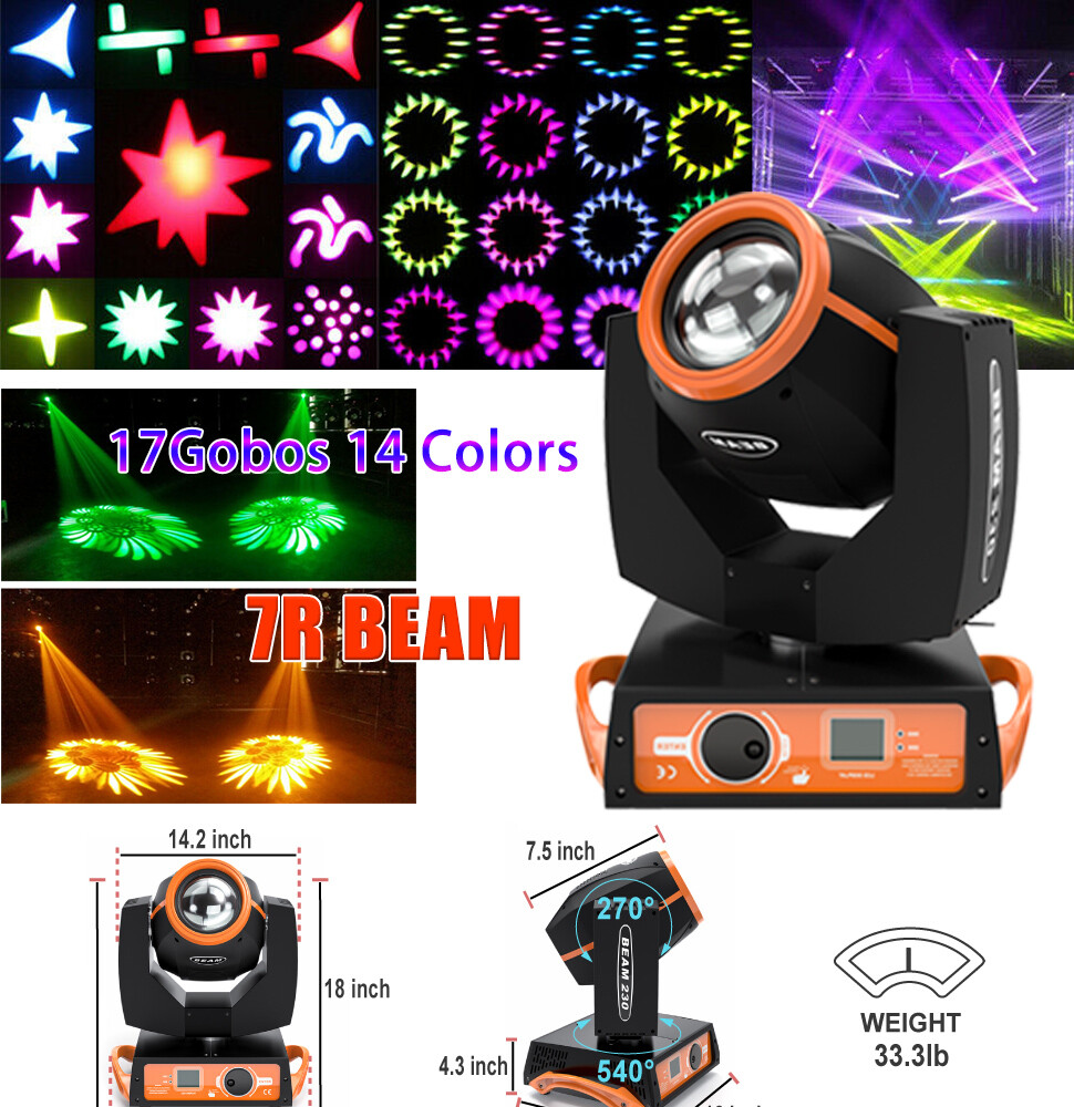 4X7R 230W Zoom Moving Head Beam Sharpy Light 16+8 Prism Strobe DMX 16CH Stage US