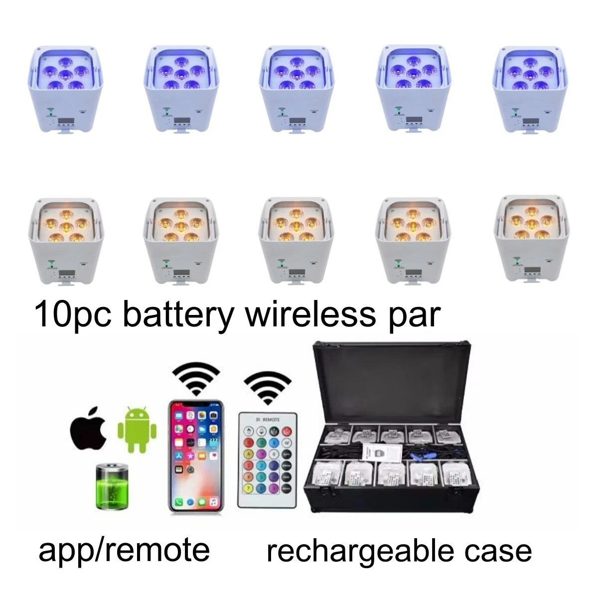 10pc DJ par 6x18W rgbwa uv 6in1 wireless battery wifi dmx led par +recharge case