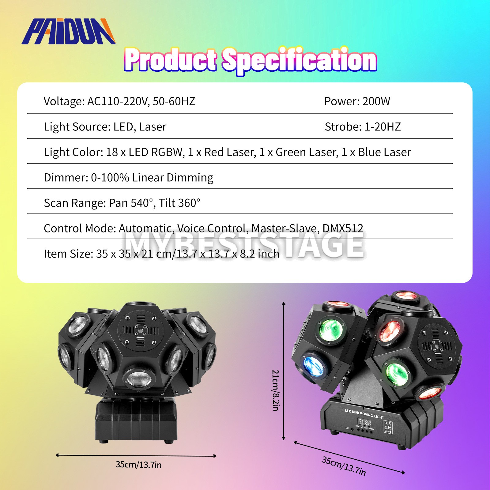 PAIDUN 200W RGBW Rotation Laser Moving Head Light Strobe DJ Disco Party Dance