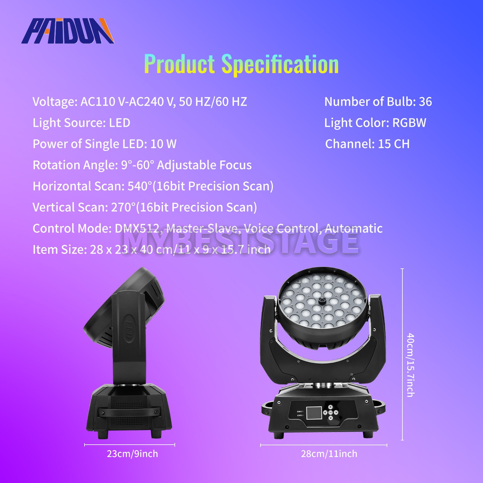 PAIDUN 36x10W RGBW Wash Beam Moving Head Light DMX Music Control Wedding Theater