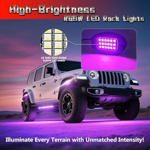 16 Pods Aluminum RGBW LED Rock Lights, 6500K Pure White RGB Rock 16 Pods Alloy