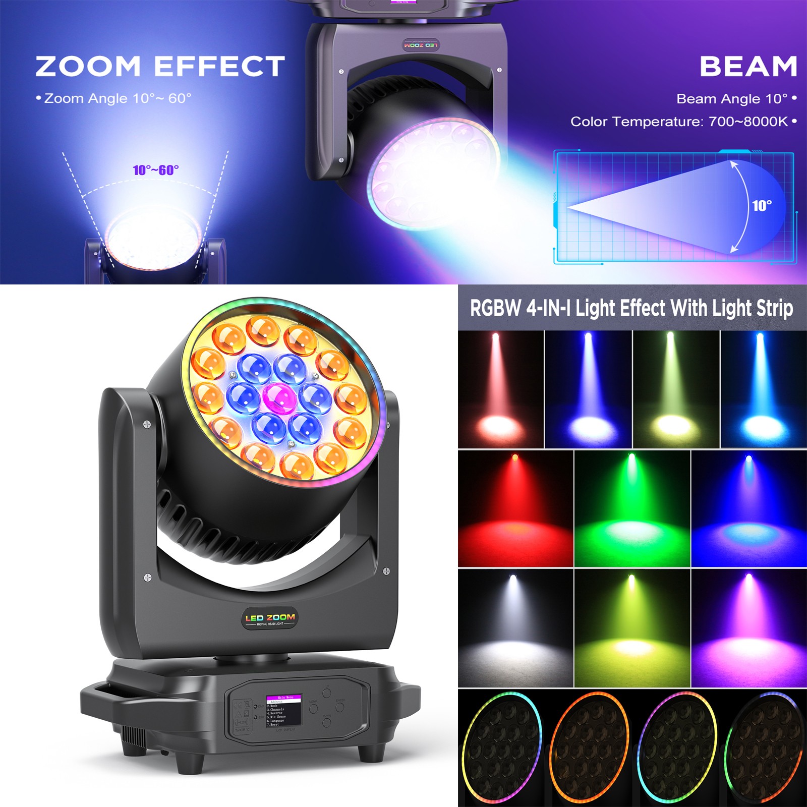 380W Moving Head Light LED RGBW Beam Stage Lighting Zoom DMX Bar Wash DJ Light
