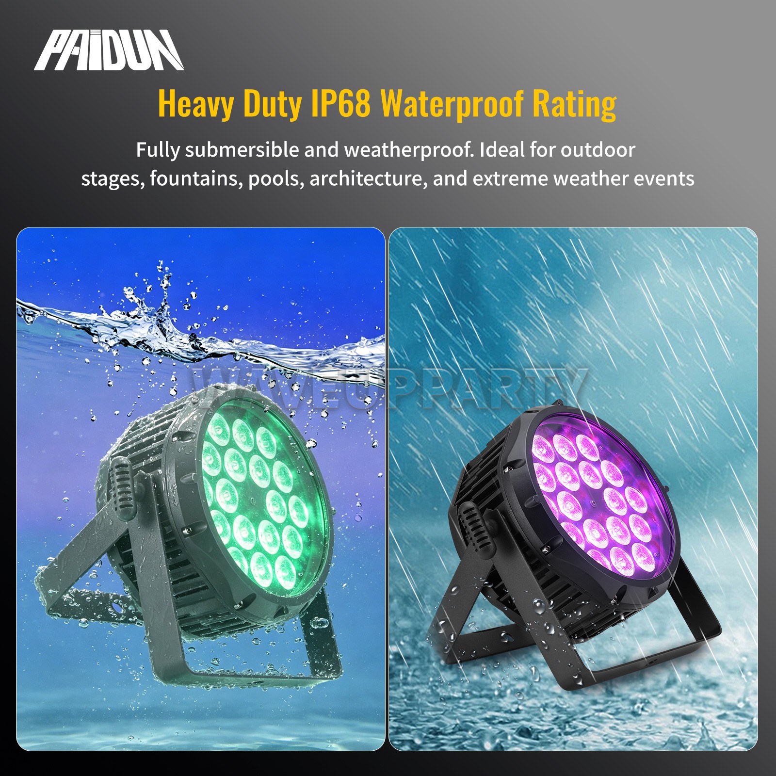 PAIDUN 18x18W LED Cast Aluminum Par Can Stage Light RGBWA+UV Waterproof IP68 DMX