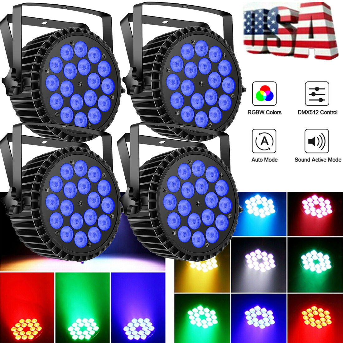 4X 200W Par Stage Light RGBW 18LED Strobe Beam DMX512 DJ Disco Party Lights Show
