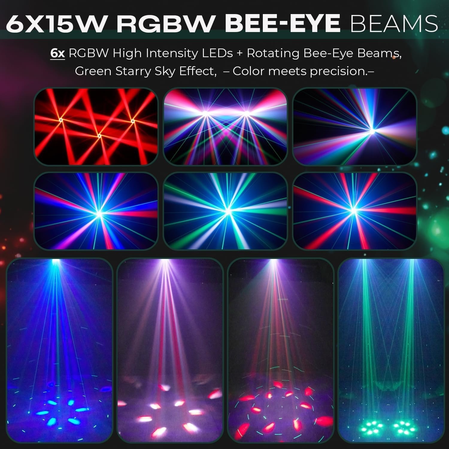Mini Moving Head DJ Light, 90 W, 6X15W RGBW Bee-Eye, Sound Activated
