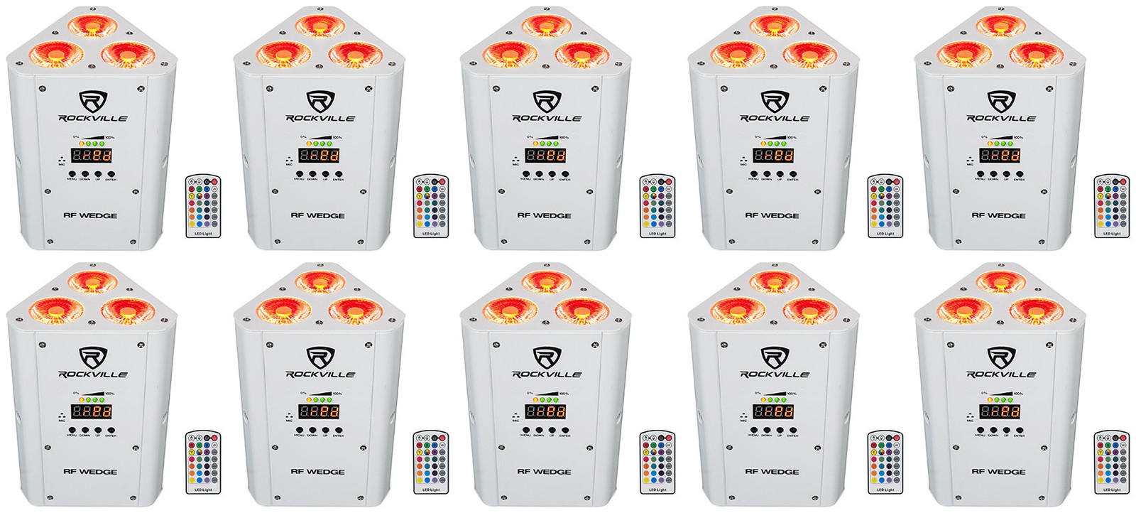 (10) Rockville RF WEDGE WHITE RGBWA+UV Battery Wireless DMX Up Lights+RF Remotes